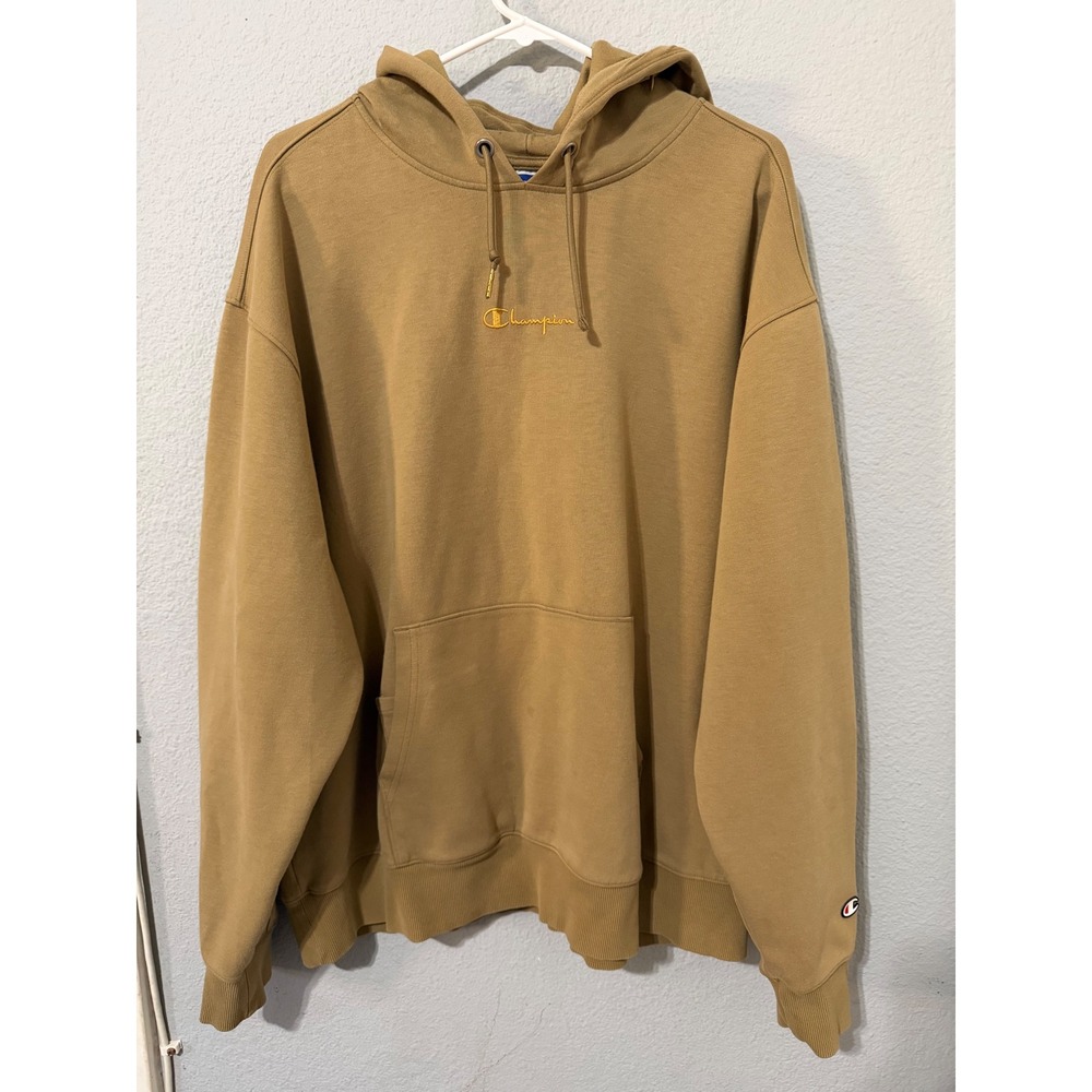 Champion Mens XL Reverse Weave Hoodie Tan Khaki Script Logo Gorpcore Skater